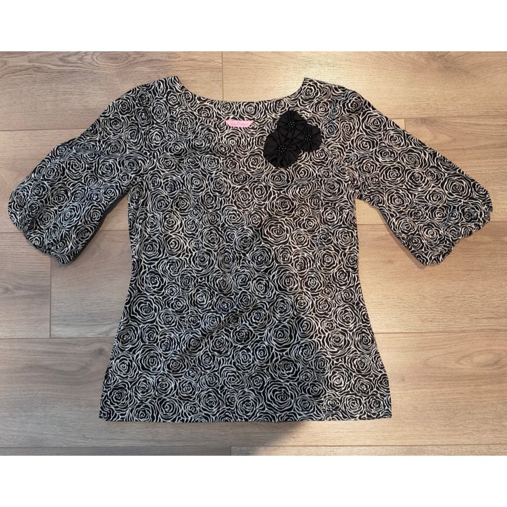 Lilly Pulitzer Black White Rose Print Silk Blend Puff Sleeve Rosette Blouse S